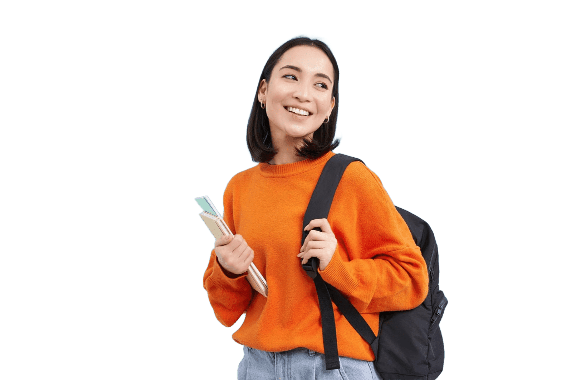 Smiling student holding books and a backpack